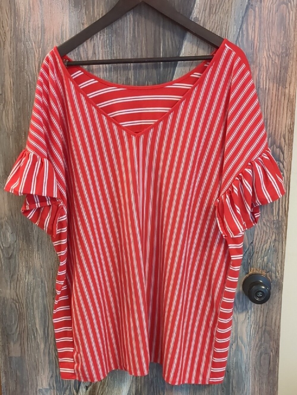 Terra & Sky Red and White Striped Ruffle Sleeve Tunic Plus Size 3XL - Picture 2 of 4